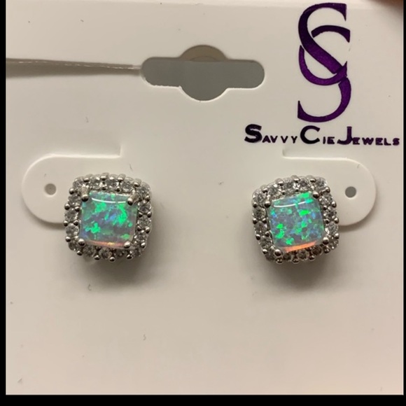 NWOT Savvy Cie Sterling Silver CZ Halo Created Opal Stud Earrings - Picture 9 of 10